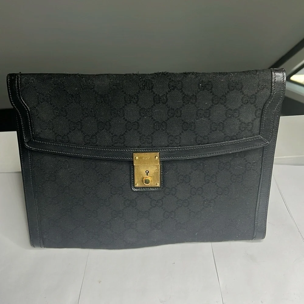 Gucci Black Logo Canvas and Leather Envelope Clutch Bag